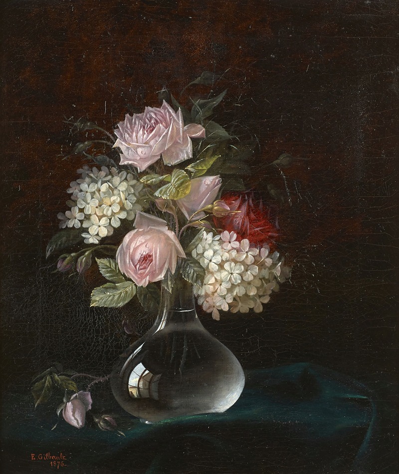 Joseph-Eugène Gilbault - Bouquet de fleurs dans un vase en verre reflétant la fenêtre de l’atelier de l’artiste
