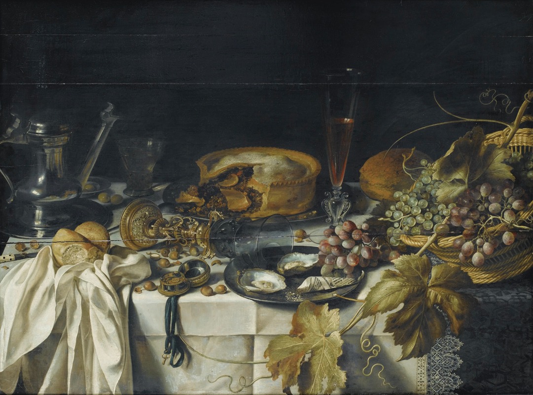 Pieter Claesz - Nature morte au mince pie, panier de raisins, pichet en étain et montre