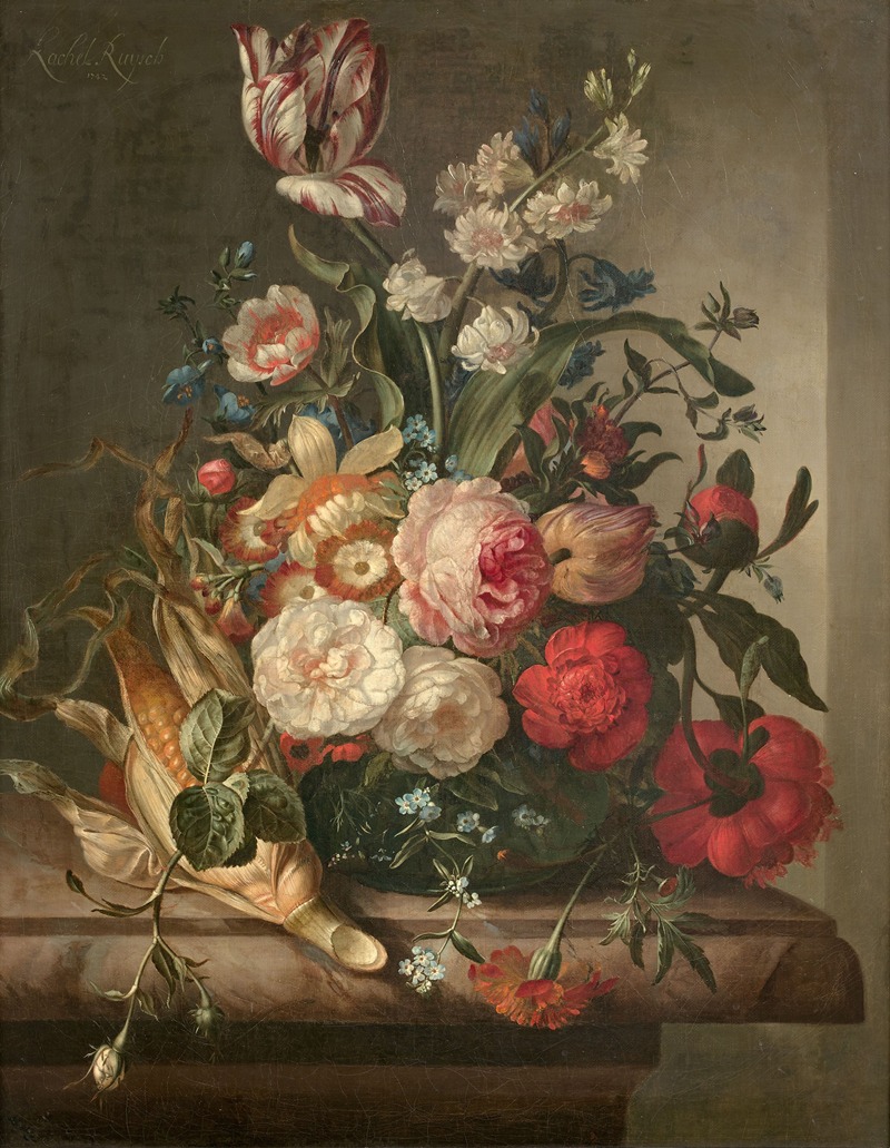 Rachel Ruysch - Vase de fleurs et épis de maïs dans une niche