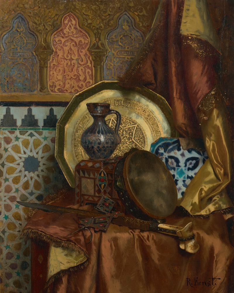 Rudolf Ernst - A Tambourine, Knife, Turkish Box, Turkish Jug, Moroccan Tile and Plate on a Satin Covered Table