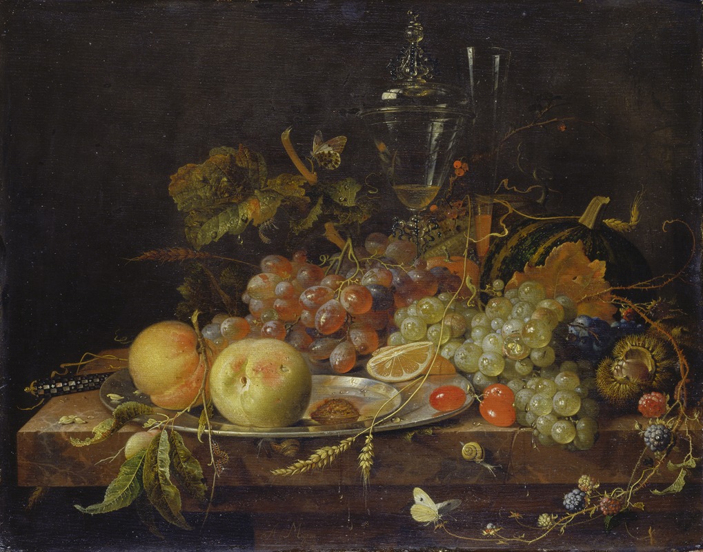Abraham Mignon - Still Life with Fruit, Tin Plate and Wine Glasses