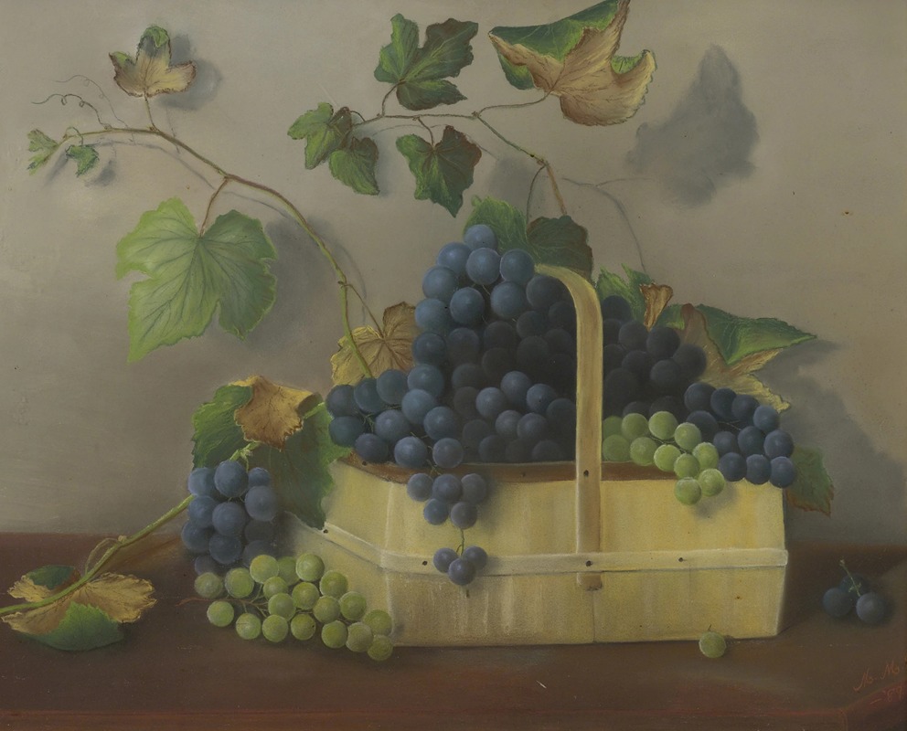 American School - Basket of Grapes with Leafy Vines