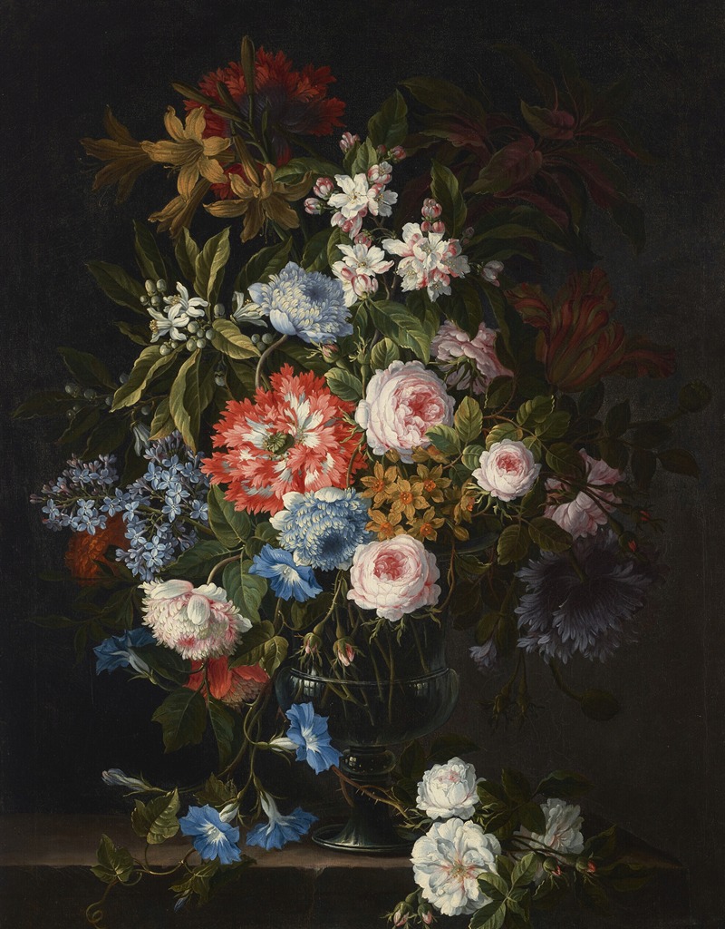 Antoine Monnoyer - Roses, lilies, tulips, daffodils, morning glories and other flowers in a glass vase on a stone ledge