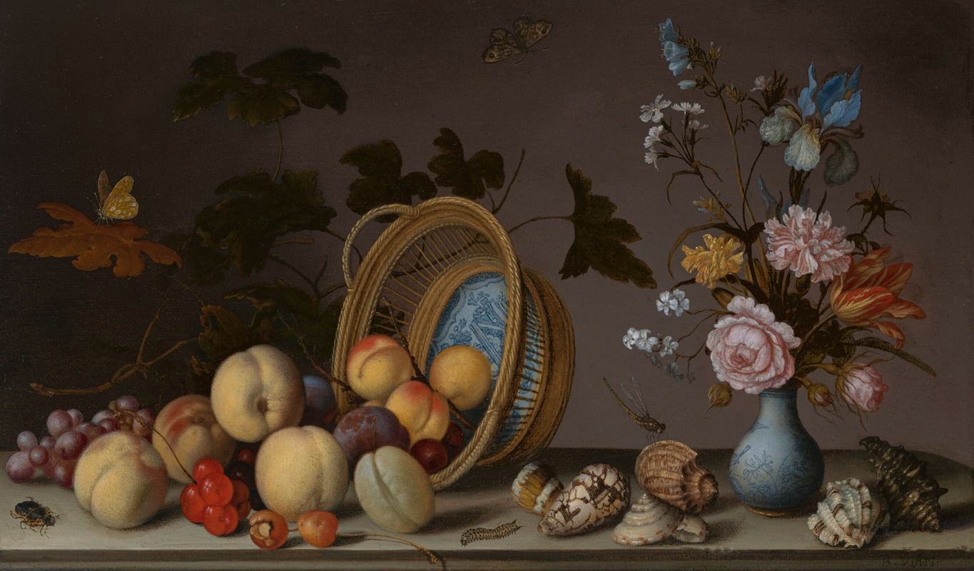 Balthasar van der Ast - A still life with flowers in a porcelain vase, seashells and an overturned basket of fruit