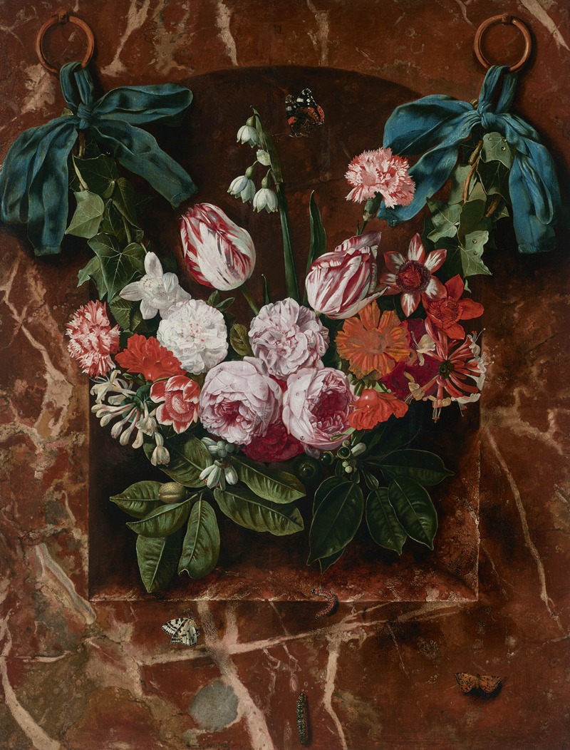 Carstian Luyckx - A garland of tulips, roses, lilies of the valley and other flowers, suspended from blue ribbons before a marble alcove with butterflies and caterpillars