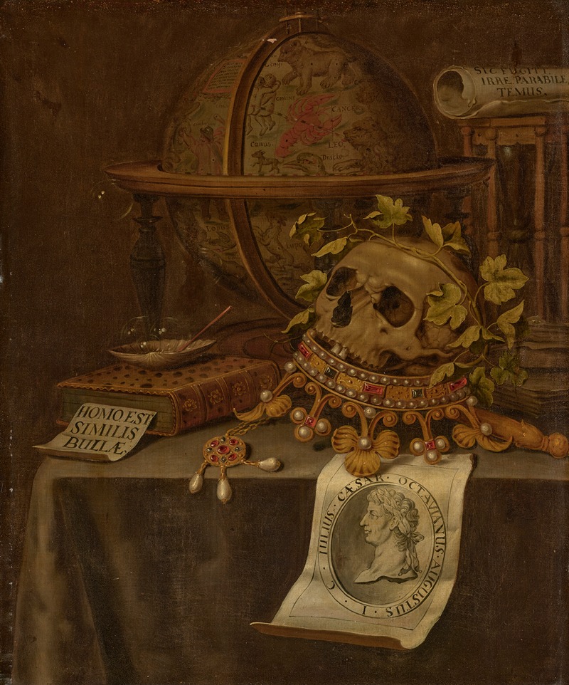 Edwaert Collier - A skull atop a jewelled crown, an astrological globe, an hourglass, a book, a shell with soap bubbles and an engraved portrait of the Emperor Augustus on a draped table
