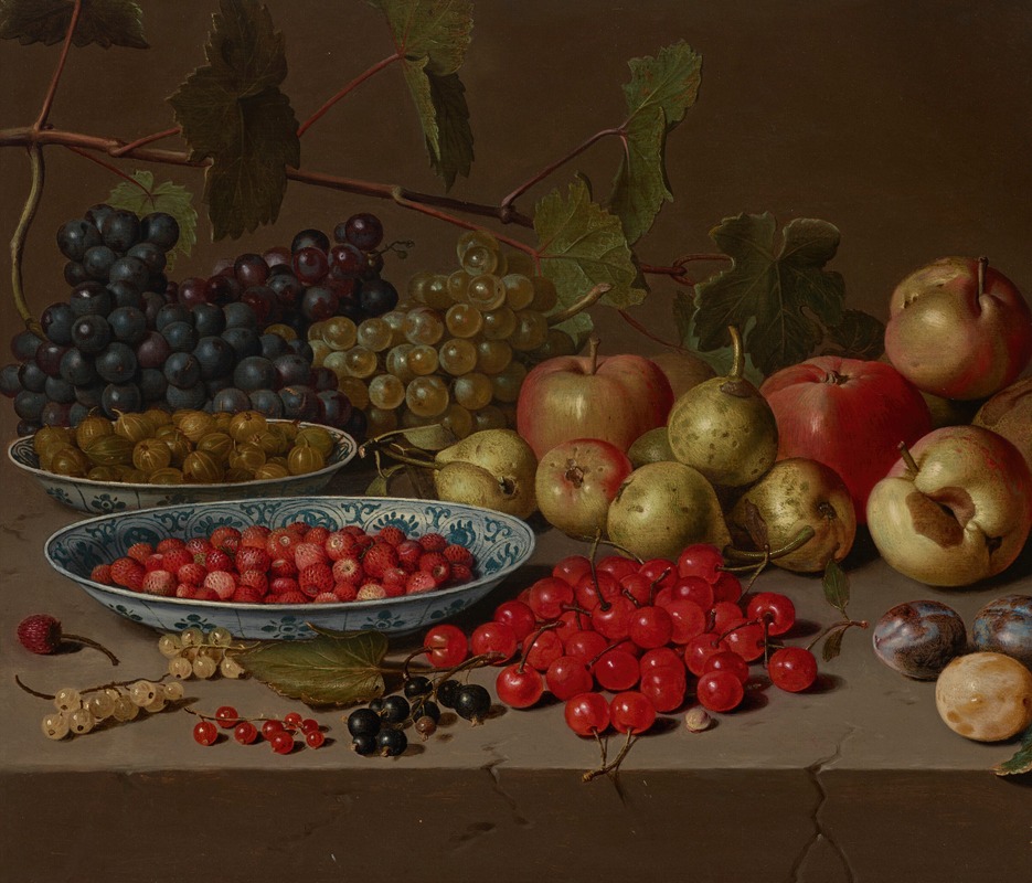 Floris van Schooten - Plates of cherries and wild strawberries, with grapes, apples, pears, plums and other fruits on a stone ledge