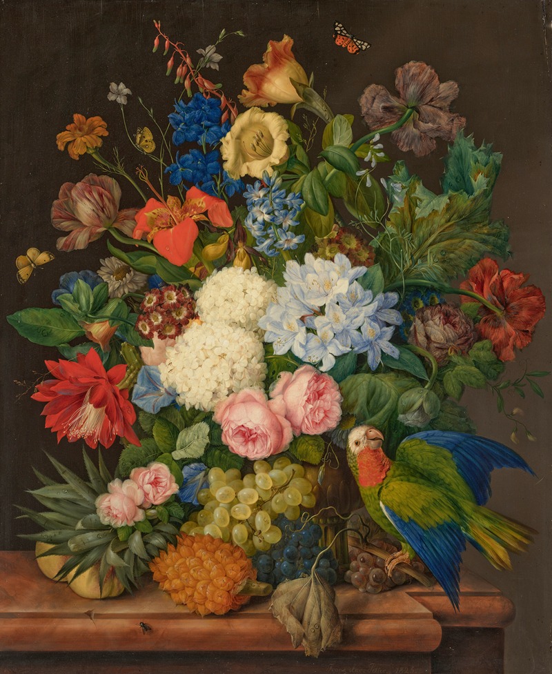 Franz Xaver Petter - Viburnum Oculus, Roses, Plumbago, Primula Auricula, Hemerocallis, Companula, Chinadoxia and Epiphyllum on a ledge with a Pineapple and a Parrot
