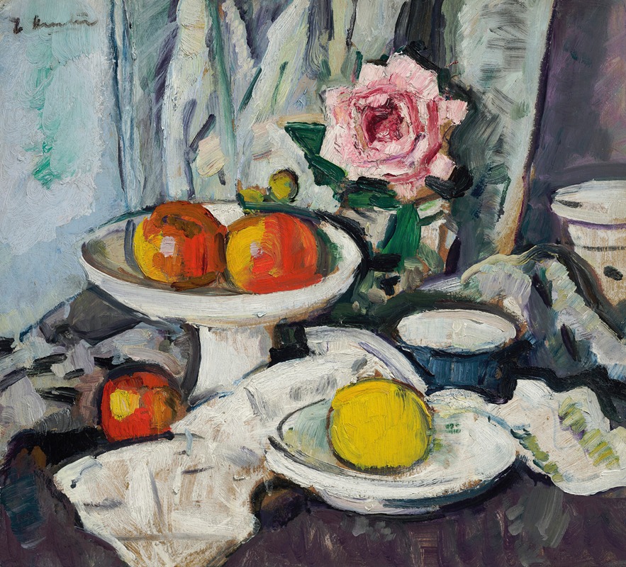 George Leslie Hunter - Apples in a White Fruitbowl and a Pink Rose in a Vase