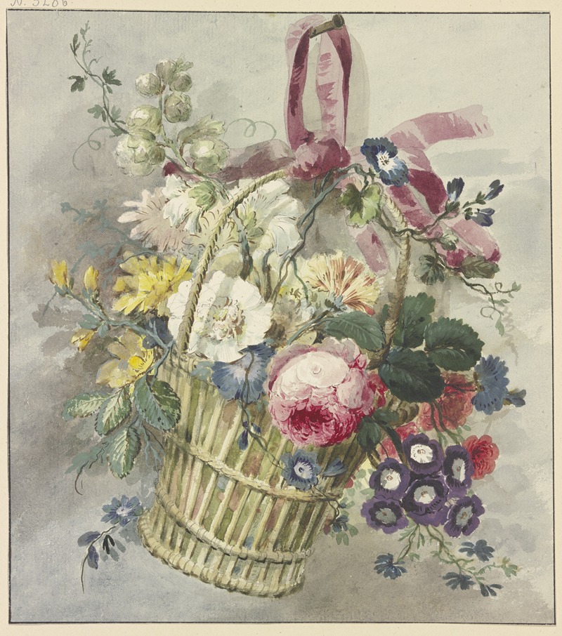 J. H. Van Loon - Blumenstrauß in einem aufgehängten Körbchen