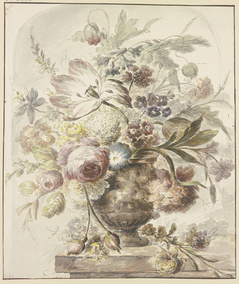 J. H. Van Loon - Blumenstrauß in einer Vase mit Basrelief, links hängen zwei Rosenknospen herab
