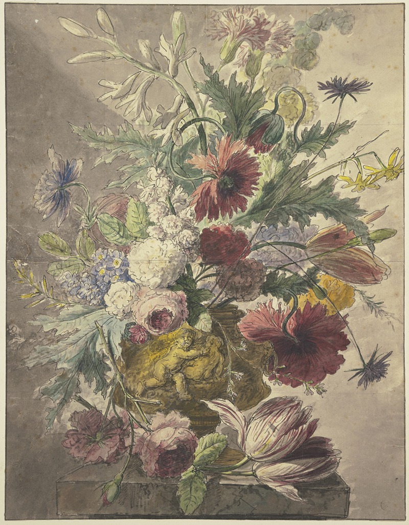 J. H. Van Loon - Blumenstrauß in einer Vase mit Basrelief, vorne liegt eine Rose und eine Tulpe