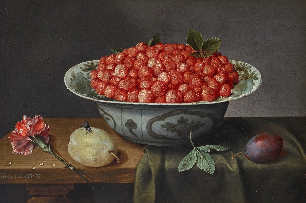 Jacob van Hulsdonck - Wild strawberries in a Delftware bowl