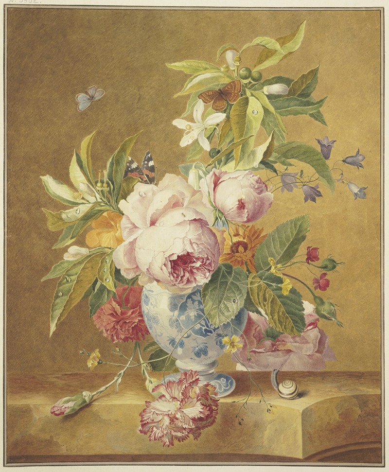 Jan Matthias Kok - Ein Blumenbouquet in blauer Vase mit drei Schmetterlingen, vorne rechts eine Schnecke
