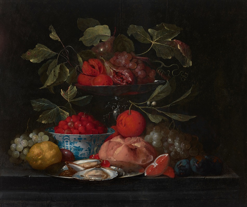 Jan Pauwel Gillemans the Elder - Wild strawberries in a Kraak porcelain bowl, with oranges, peaches, lemons, a bread roll and oysters on a stone ledge