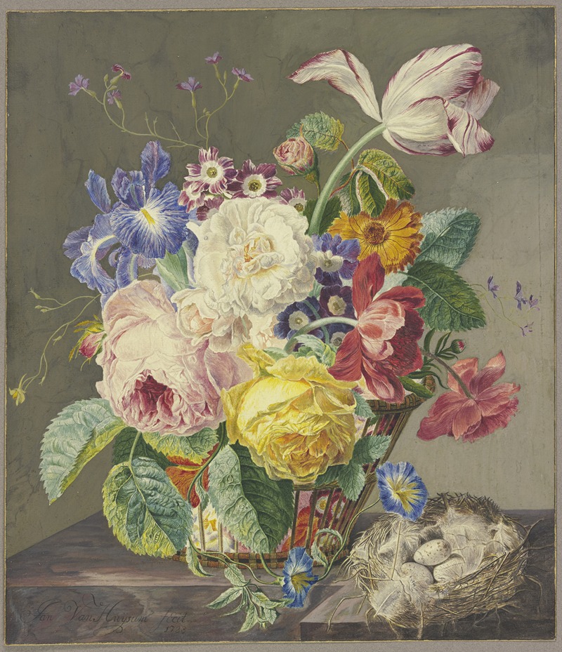 Jan van Huysum - Flowers in a Woven Basket and a Bird’s Nest