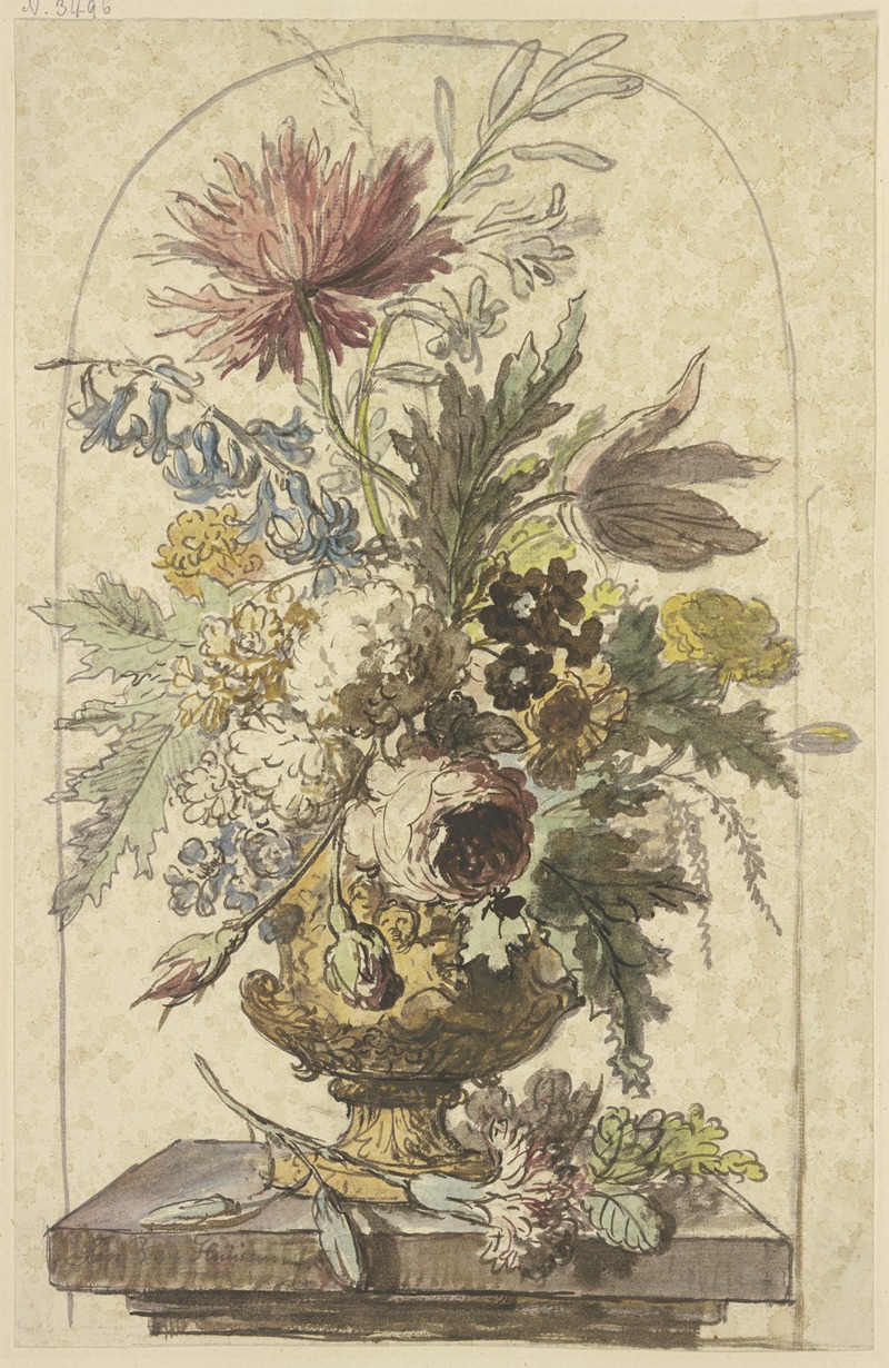 Jan van Huysum - Blumenbouquet in einer Vase, vorne liegt eine Nelke