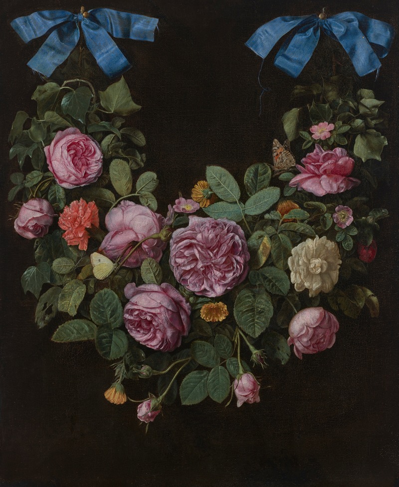 Jan Van Kessel The Elder - A swag of roses suspended from blue ribbons