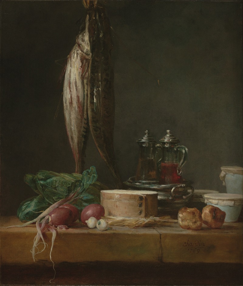 Jean Siméon Chardin - Still Life with Fish, Vegetables, Gougères, Pots, and Cruets on a Table