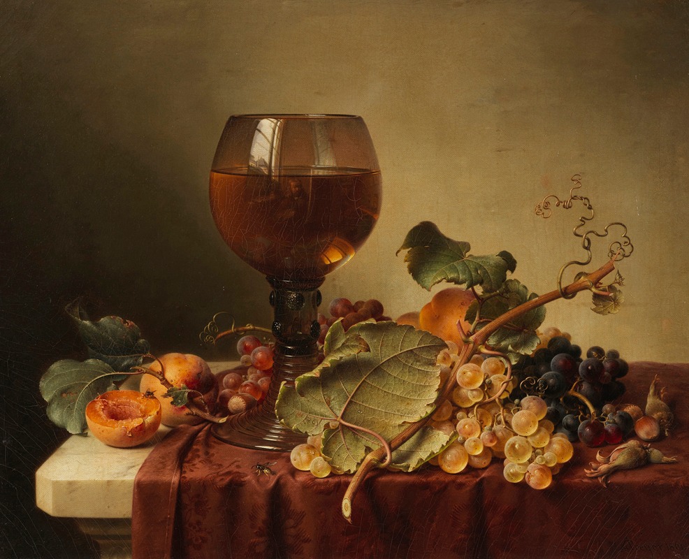 Johann Wilhelm Preyer - Stillleben mit Selbstportrait im Weinglas und Früchten