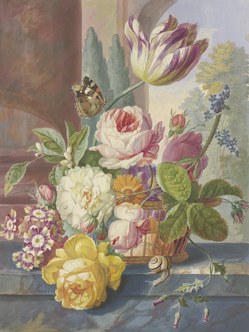 Johannes Christiaan Roedig - Ein Blumenstrauß in einem Korb, auf einer Tulpe ein Schmetterling, vorne eine Schnecke