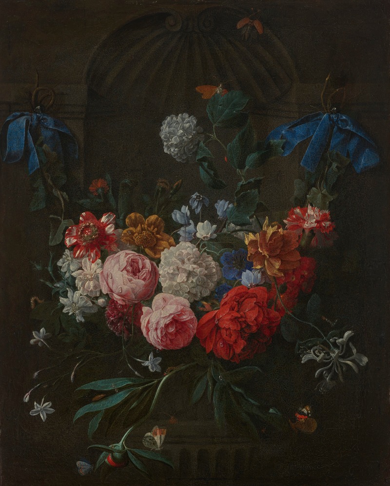 Nicolaes Van Verendael - A swag of roses, peonies, anemones, snowballs, carnations and other flowers suspended from ribbons before a stone niche