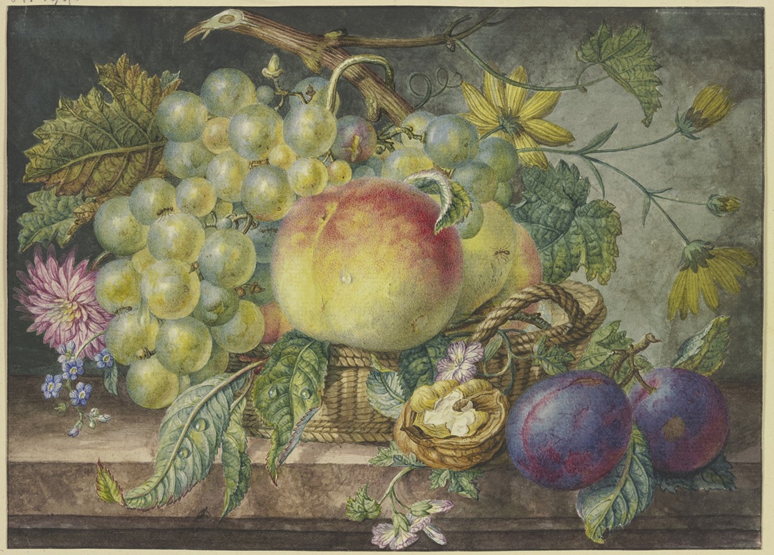 Oswald Wijnen - Fruchtstück, ein Korb mit Trauben und Pfirsichen, dabei eine Nuss und zwei Pflaumen