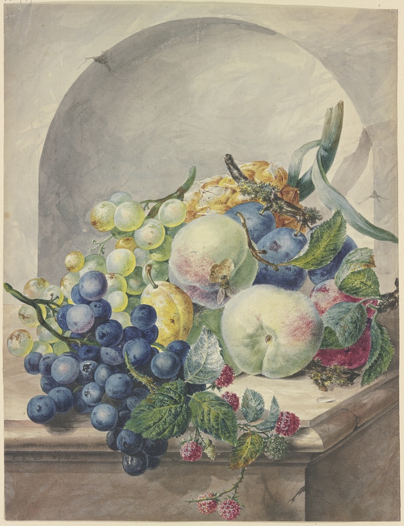 Paul Theodor Van Brussel - Fruchtstück in einer Nische auf einem Marmortische, Pflaumen, Pfirsiche, Trauben und Brombeeren