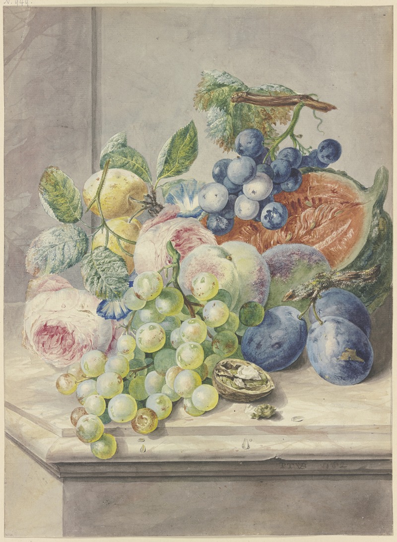 Paul Theodor Van Brussel - Fruchtstück mit einer aufgeschnittenen Melone und zwei Rosen, Trauben, Pfirsichen, Pflaumen und einer Walnuss