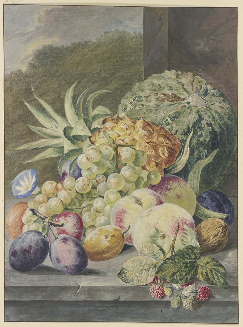 Paul Theodor Van Brussel - Fruchtstück, Melone, Ananas, Trauben, Pfirsiche, Pflaumen, Nüsse