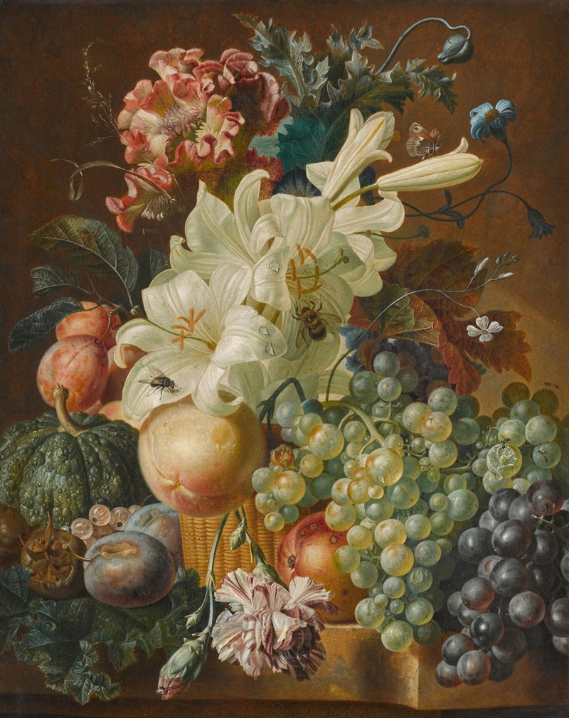 Paul Theodor Van Brussel - Still life with lilies, poppies, plums, melons and grapes on a ledge with insects