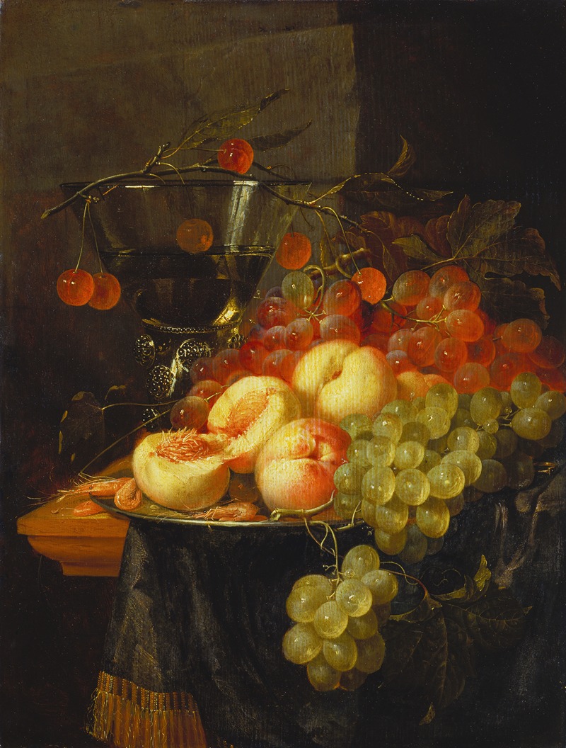 Pieter de Ring - Still Life with Fruit and a Cherry Branch over a Berkemeyer Glass