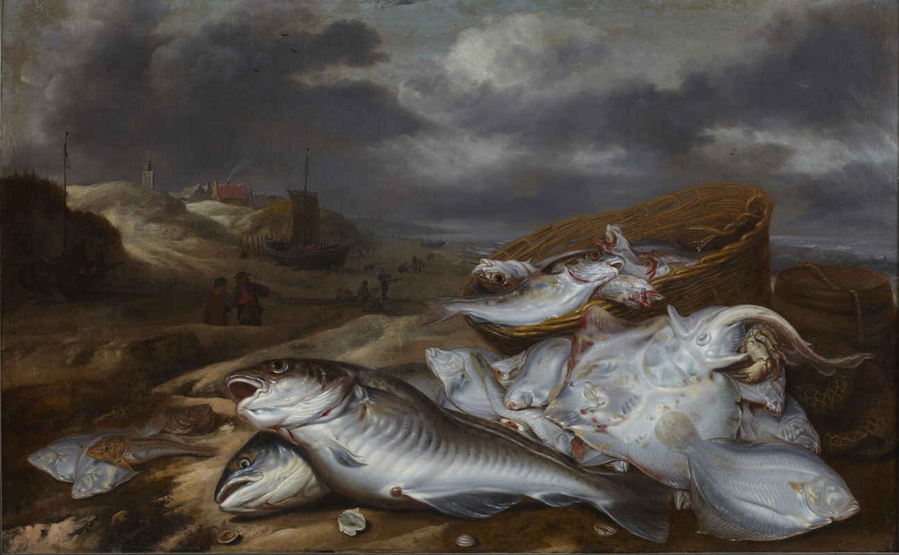 Pieter van Schaeyenborgh - Fish still life with view of Egmond