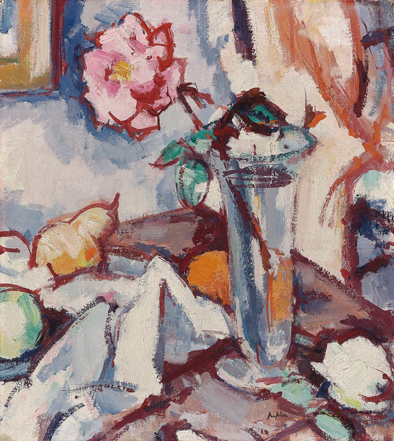 Samuel John Peploe - Pink rose in a glass vase with fruit
