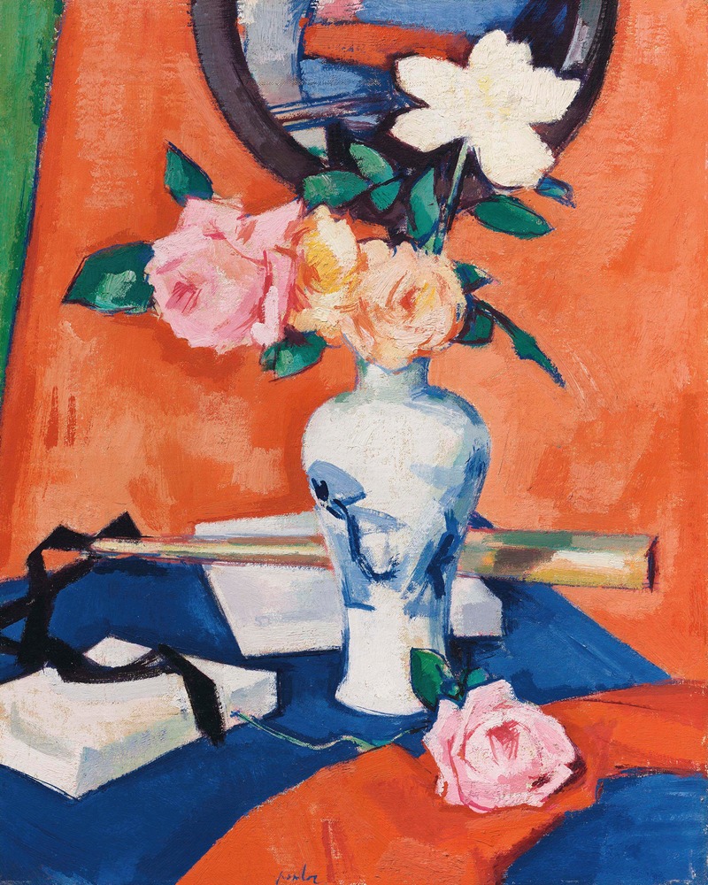 Samuel John Peploe - Roses in a vase against an orange background