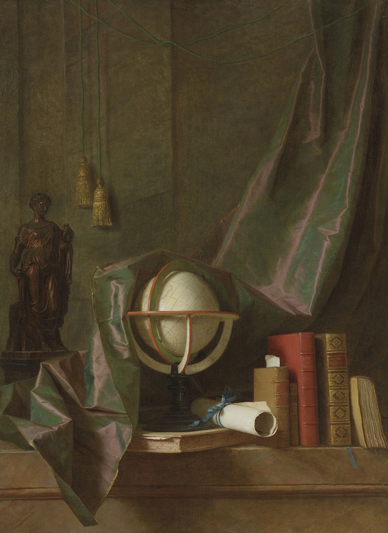 Thomas Germain Joseph Duvivier - A globe, books and statuette on a ledge in an interior, veiled by a curtain