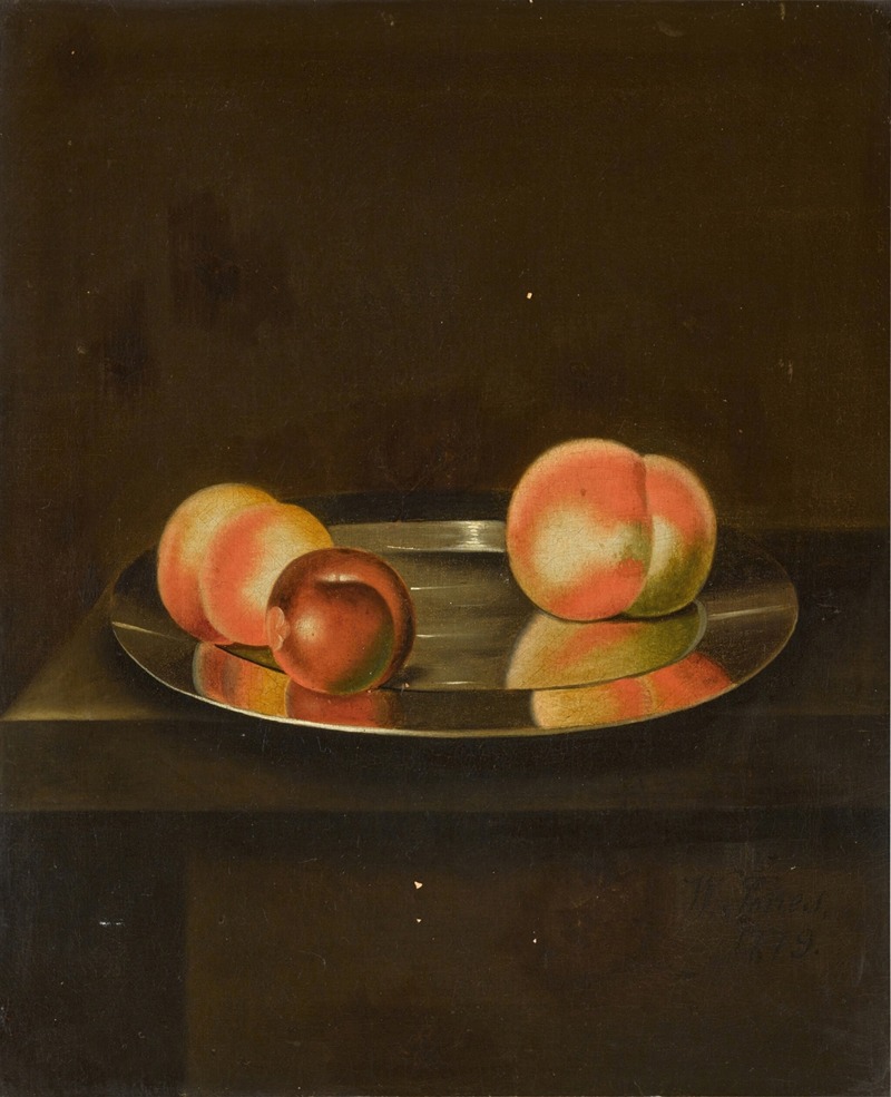 William Jones of Bath - A still life with peaches and a plum on a pewter plate on a ledge