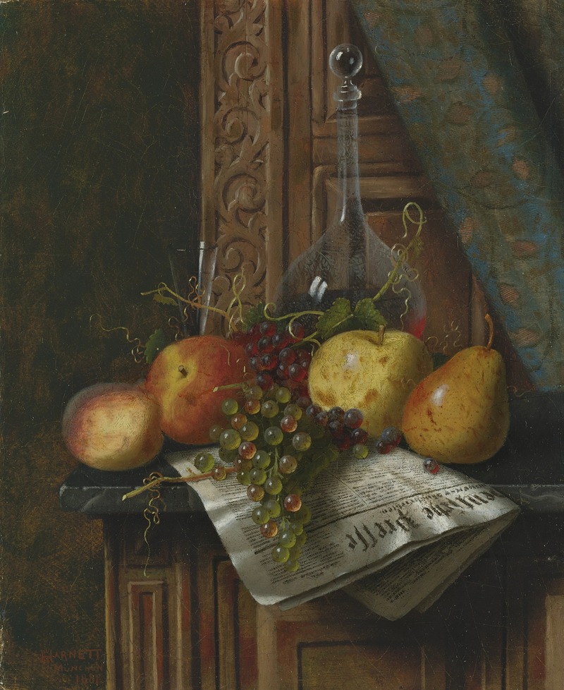 William Michael Harnett - Still Life with Munich Newspaper, Fruit and Decanter