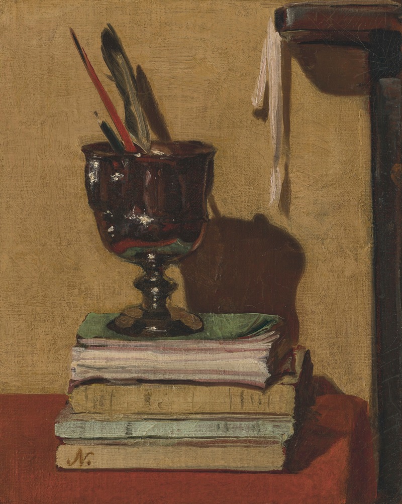 William Nicholson - Vase and Books on a Red Table