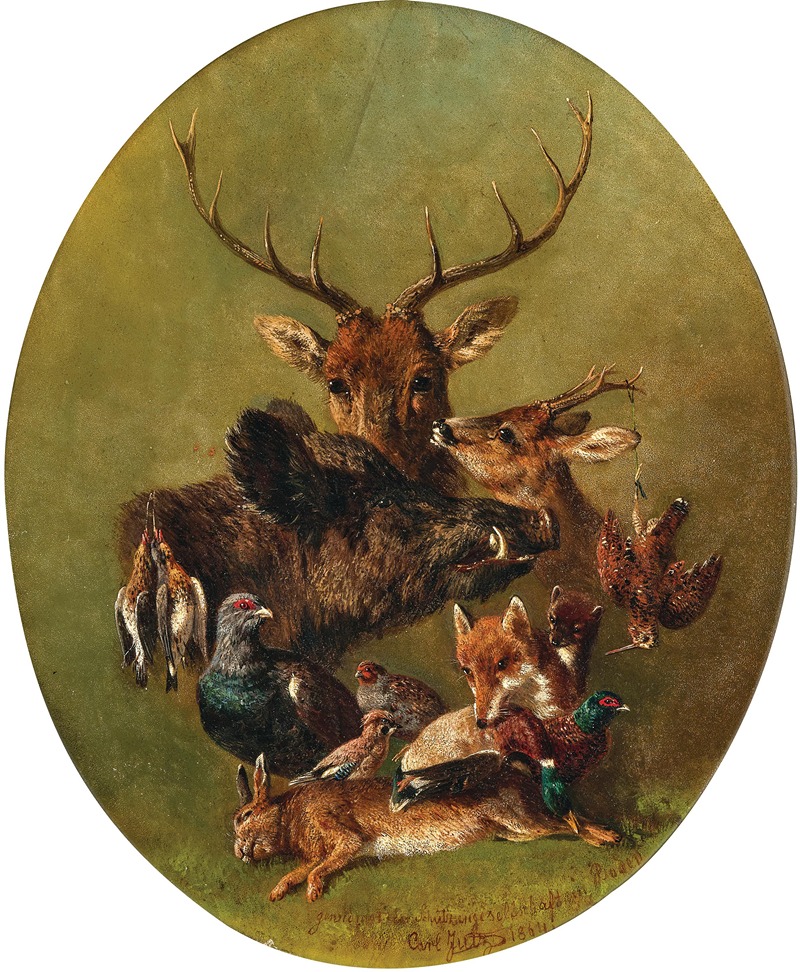 Carl Jutz - Hunting Still Life with Stag, Wild Boar, Fox, Hare, Sparrowhawk and Pheasant