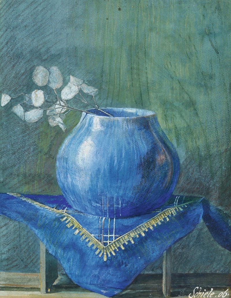 Egon Schiele - Still Life of a Moneyplant Branch in Blue Vase