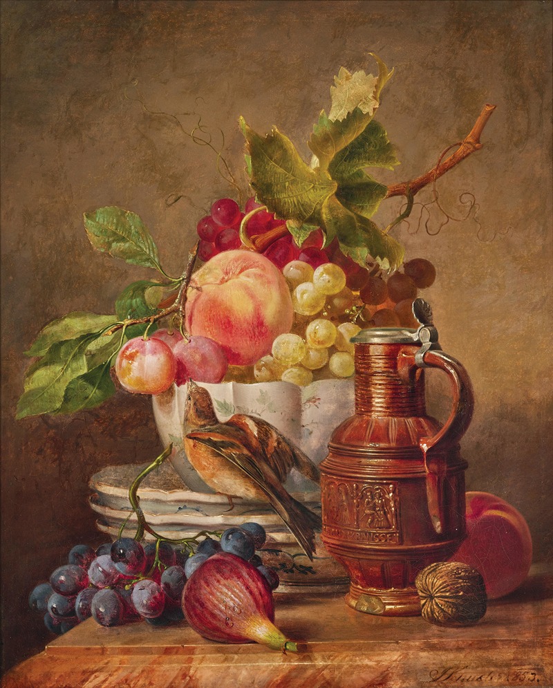 Josef Schuster - Fruit Still Life with a Goldfinch and a Wine Jug