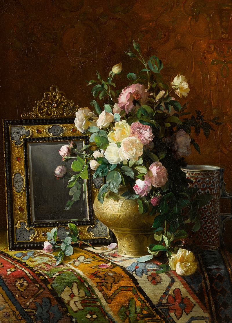 Dominique Hubert Rozier - Nature morte au bouquet des roses dans une vase ottomane