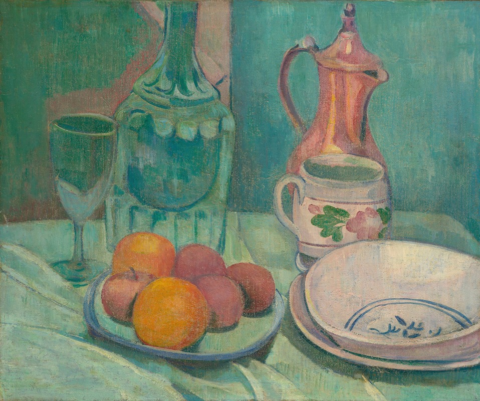 Emile Bernard - Nature morte (carafe, verre, fruits, assiettes, tasse et cafetière)