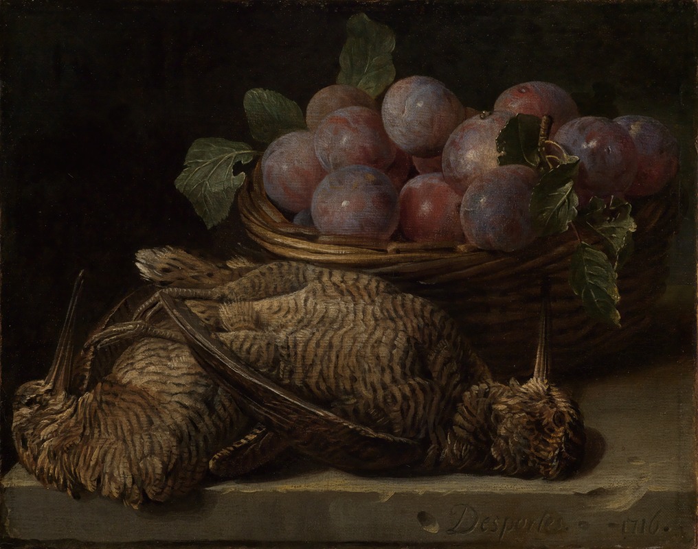 Alexandre François Desportes - Still life with plums and two snipes on a stone table