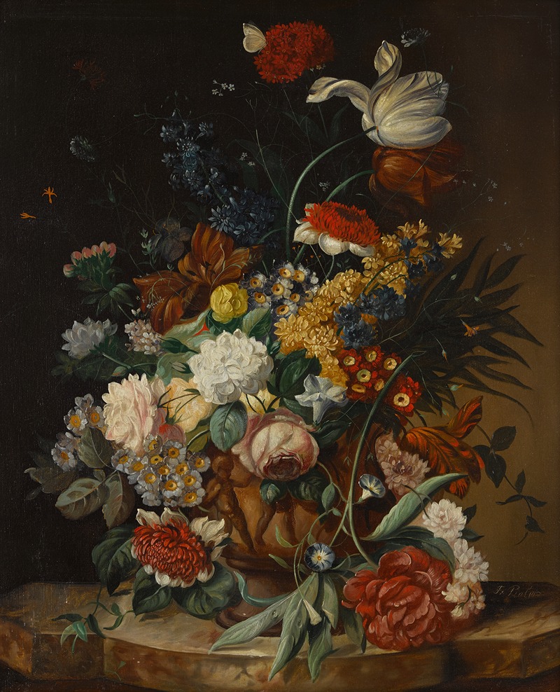 Franz Xaver Pieler - A still life with a bouquet of flowers on a marble ledge