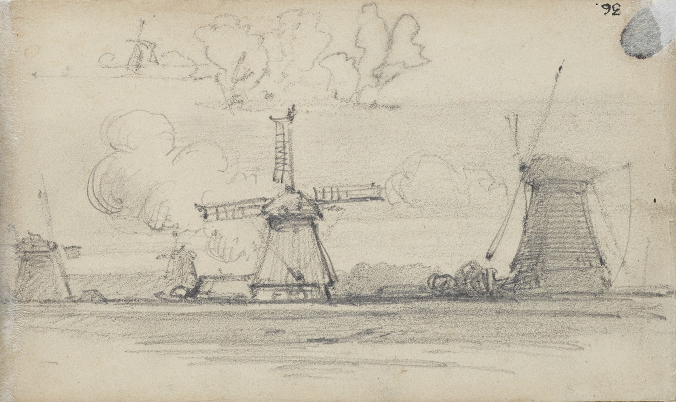 Petrus van der Velden - Sketch of landscape with windmills