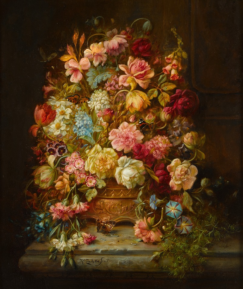 Hans Zatzka - A still life with flowers in a jardiniere resting on a ledge