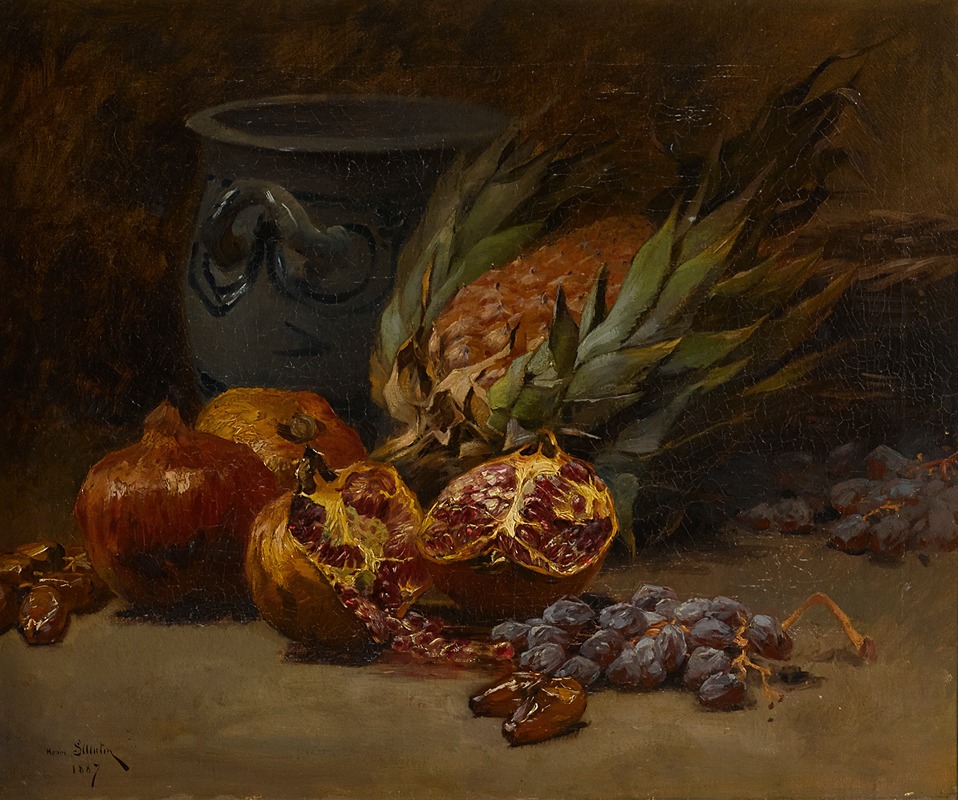 Henri Saintin - A still life with pomegranates and pineapple