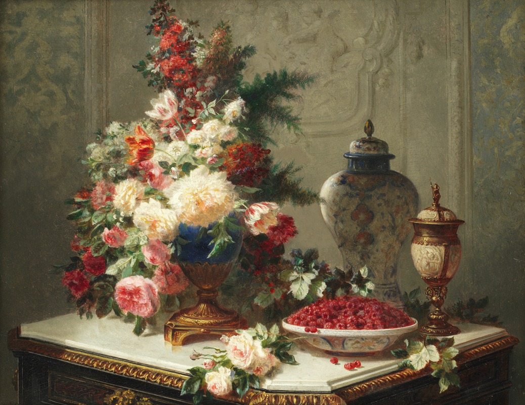 Jean-Baptiste Robie - Still life with flowers and raspberries